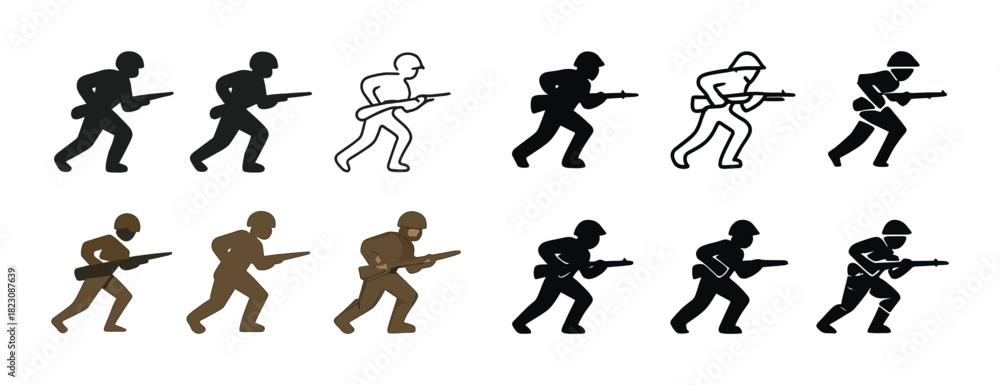 Fototapeta premium Silhouette and outline soldiers: diverse stances and styles in combat gear
