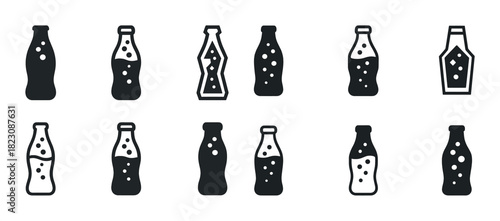 Minimalist soda bottle icons set in various shapes and styles
