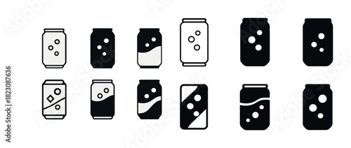 Minimalistic soda can icons set with various designs and patterns