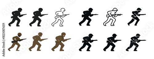 Silhouette and outline soldiers: diverse stances and styles in combat gear