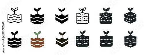 Set of plant icons with seedling sprouting from layered soil variations
