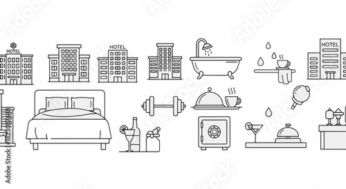 Line art icons depict hotel amenities. Includes hotel buildings, bathtub, bed, safe, food, drinks, gym equipment, and reception bell. Minimalist style.