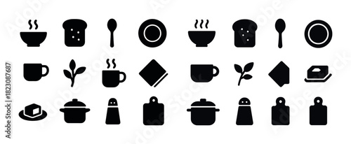 Black silhouette kitchen icons: tea, coffee, utensils, cookware, and ingredients