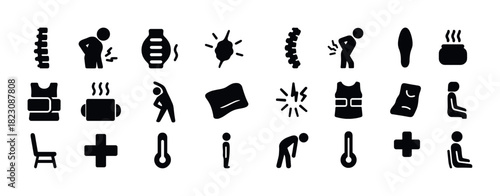 Back pain relief icons set: medical, massage, and exercise symbols for therapy