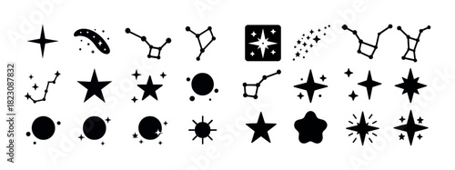 Celestial icons: stars, constellations, shooting stars, planets