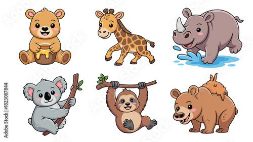 Cute cartoon animals kids illustration set