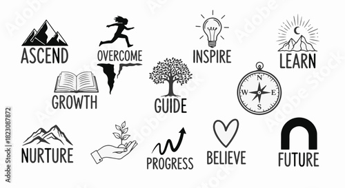 A collection of vector icons representing concepts like ascend, overcome, inspire, learn, growth, guide, nurture, progress, believe, and future. Black and white design.