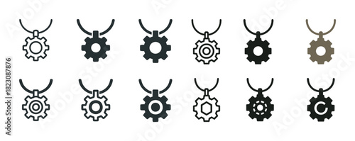 Collection of gear-shaped pendants in various designs and colors