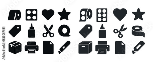 Set of office and craft icons including scissors, tape, printer, and more