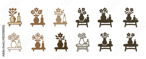 Set of decorative flower vases and candles on wooden tables in various silhouettes