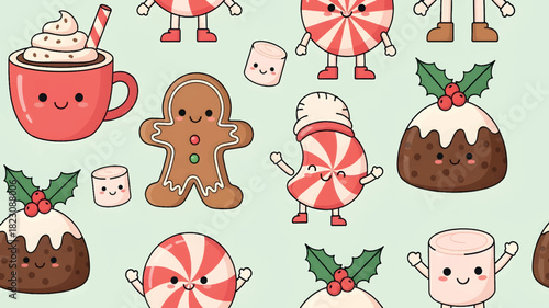 Festive Christmas Sweets Pattern: Cute Cartoon Gingerbread, Pudding, and Candy