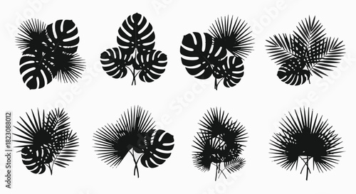 A set of eight graphic black vector designs featuring different combinations of tropical leaves, including Monstera and palm fronds, against a white background.