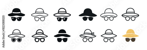 Set of diverse hat and sunglasses icon combinations