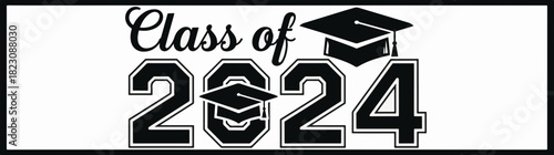 Class of 2024 design featuring graduation caps. Black and white image.