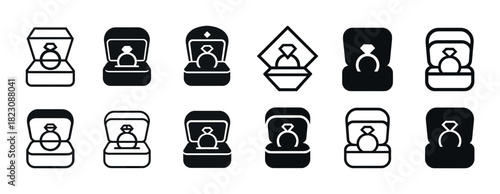 Black and white engagement ring icons in various box designs