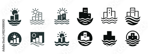 Set of cityscape and sun icons in various styles