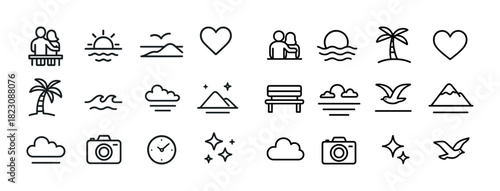 Minimalist nature and travel icons set: beach, palm, mountain, camera, sunset, clouds
