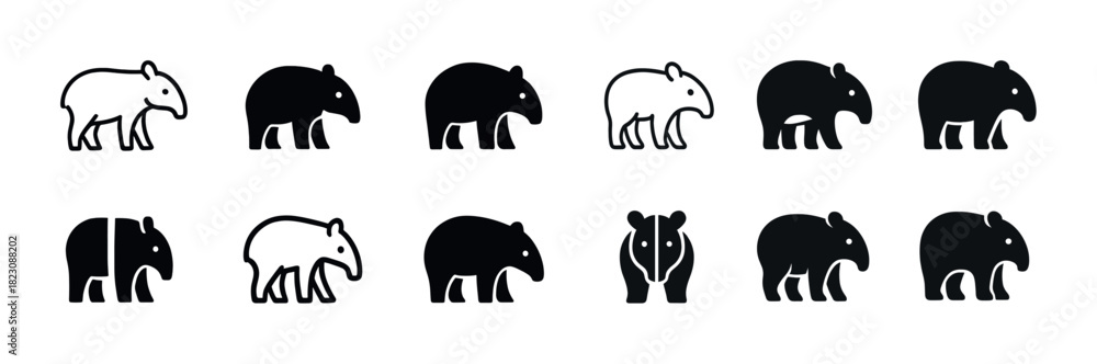 Obraz premium Diverse tapir silhouettes and icons in black and white