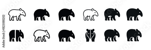 Diverse tapir silhouettes and icons in black and white