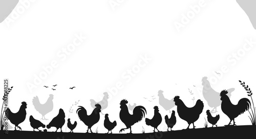 Silhouetted chickens & roosters of various sizes stand against a gradient white backdrop, suggesting a farm or dawn scene. Wheat stalks & birds add detail.