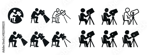 Icon set featuring people using telescopes in various poses and styles