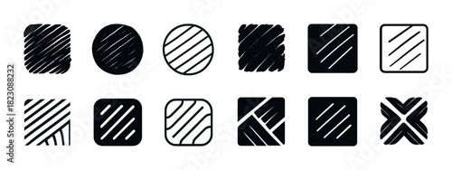 Set of 12 geometric black and white grunge and striped icons