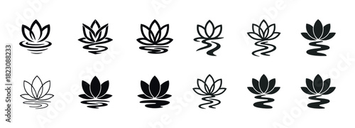 Set of lotus flower logos with abstract designs in black and white