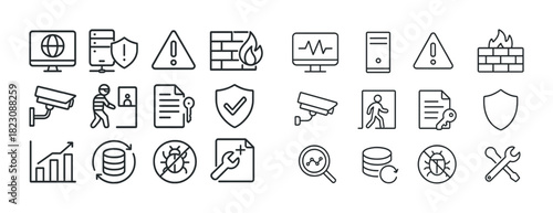 Cybersecurity icon set: shields, alerts, firewalls, cameras, servers, data protection symbols
