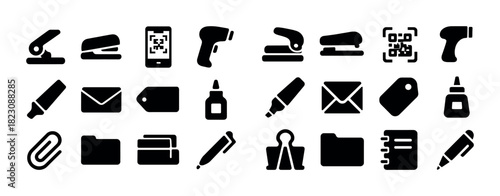 Office supplies icons: stapler, mail, qr code, notebook, pen, tag, clip, glue, marker