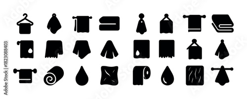 Black silhouette collection of towel icons in various shapes and styles