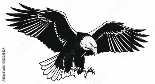 A black and white vector image of an eagle in flight, with wings spread and talons extended, ready to strike. Fierce gaze.