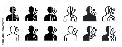 Futuristic human-circuit integration icons in black and white design