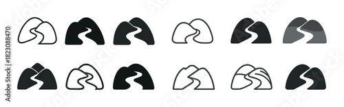 Set of various mountain and road icons in black and white