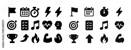 Bold black symbols: sport, fitness, music, flags, lightning, calendars, checklists