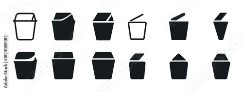 Set of trash can icons in various styles and shapes