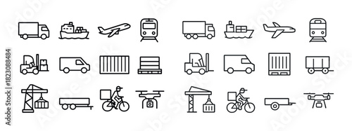 Transportation icons set: vehicles, ships, airplanes, trains, bicycles, drones