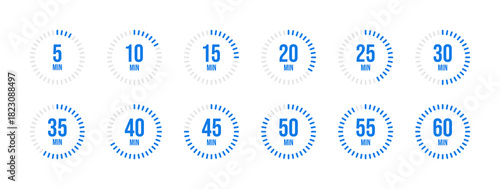 Minimalist Blue Stopwatch Timer Icon Set 5, 10, 15, 20, 25, 30, 35, 40, 45, 50, 55, 60 Minutes for Health App, UI Design, and Time Management