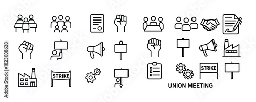 Labor union icons: strike, protest, and meeting symbols