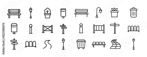 Cityscape elements: benches, planters, street lights, trash bins, signposts - urban icons set