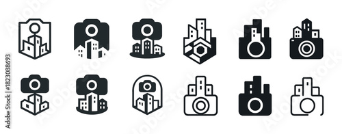 Set of camera and cityscape icons in black and white