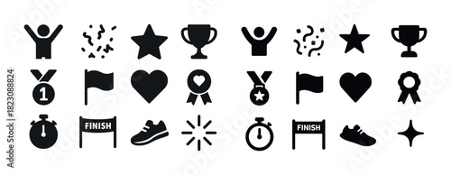Achievement icons set: trophies, medals, and celebration symbols