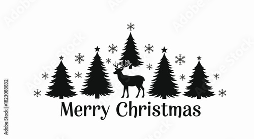 Silhouette of a deer among pine trees with snowflakes & stars, and the text Merry Christmas. Image is black on white.
