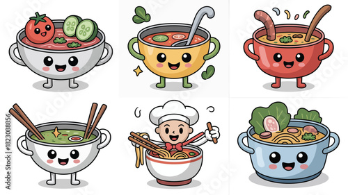 Adorable cartoon soup bowls with faces set
