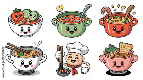 Cute happy soup bowls chef character food