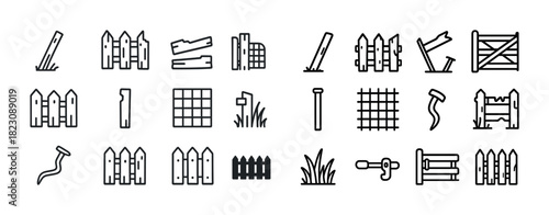 Diverse fence icons set: pickets, rails, stakes, gates, grass in minimalist line style