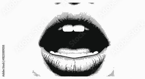 Black and white halftone image of an open mouth with visible teeth. The style suggests a vintage print or graphic design aesthetic.