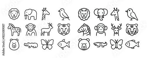 Simple animal icons set: lion, elephant, giraffe, bird, zebra, deer, tiger, monkey, bear, fish, butterfly, crocodile