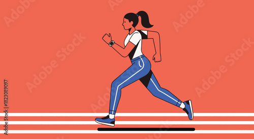 A stylized illustration of a woman running on a track. She's wearing athletic clothes and a smartwatch, set against a salmon pink background.