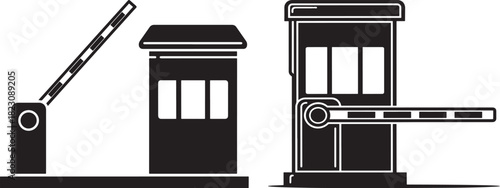 Two automatic barrier gates and security booths silhouette