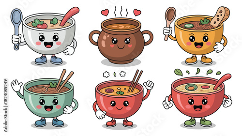 Smiling cartoon soup characters collection